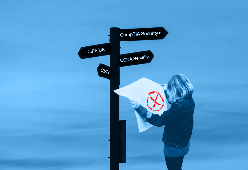 Girl Holding a Map Standing in Front of Signs of Cybersecurity Certifications