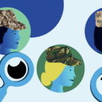 Thought bubble with profile headshots of women veterans surrounded by magnifying glasses